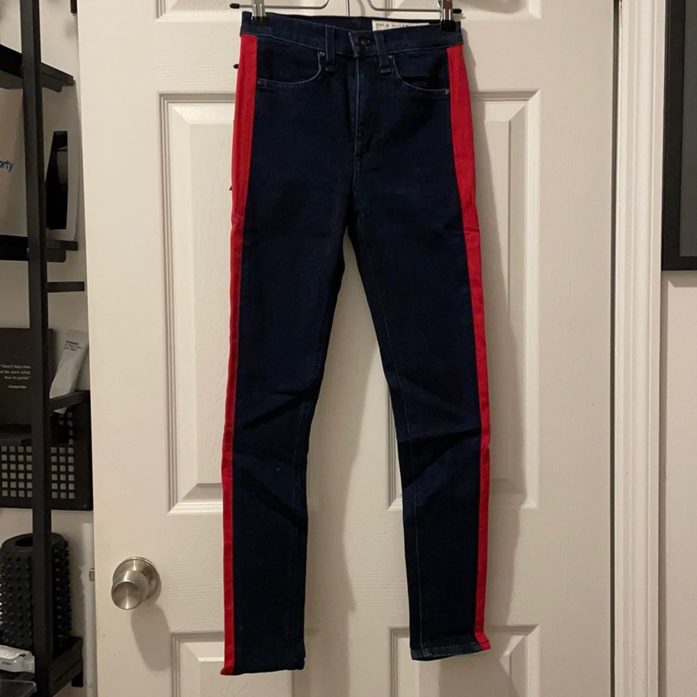 rag & bone mazie - dark skinny jean w/ red stripe